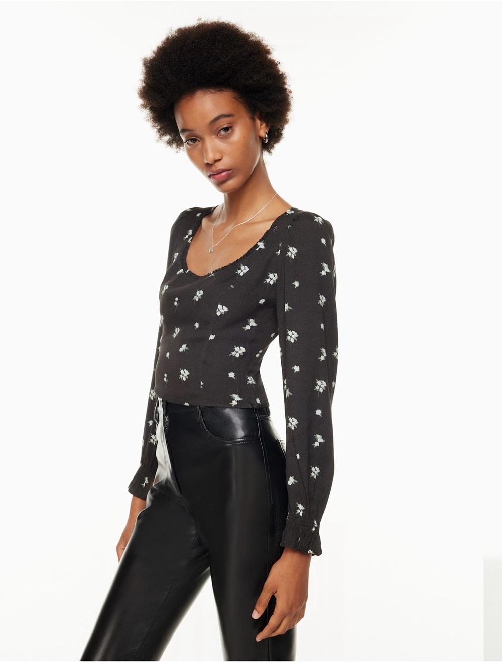 Aritzia Black Floral Long-Sleeve Scoop Neck Blouse